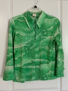 Vintage Green Psychedelic Print Zip Neck Collared Blouse